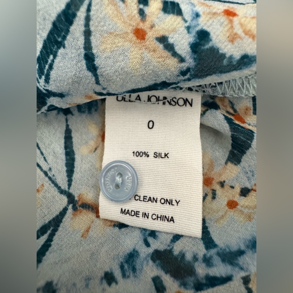 Ulla Johnson Adira Silk Puff Sleeve Button Top Blue Floral Print Poplin Size 0 - Picture 8 of 10